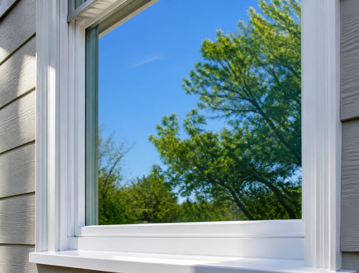 Clean streak-free home window and white sill after professional cleaning