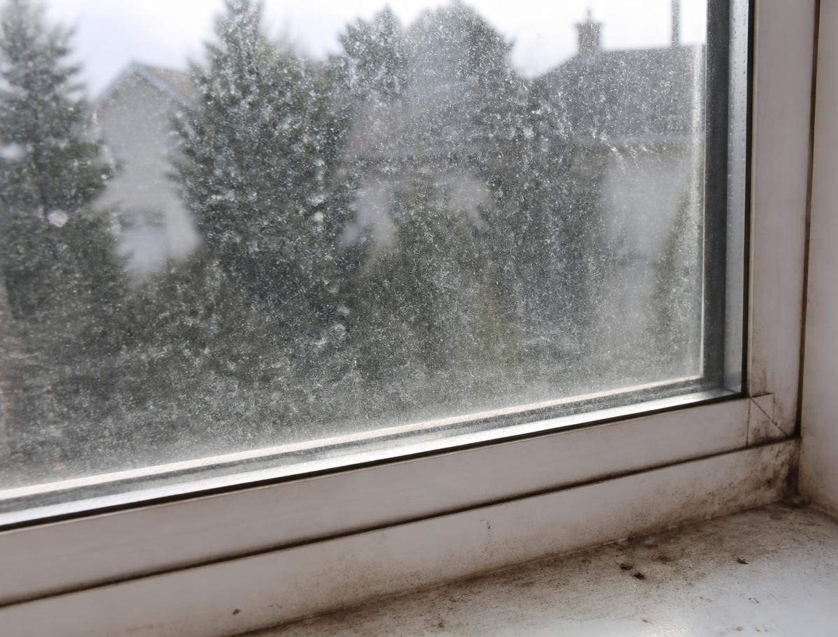 Dirty home window with dust, pollen and water spots before cleaning